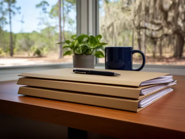A neat stack of closed manila folders and a pen on a desk by a window.