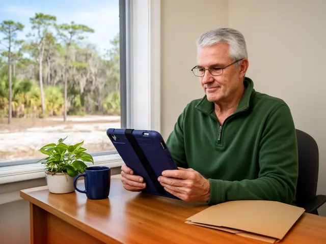 A man with short gray hair and wire-framed glasses reviewing a tablet at a desk in a small back office.