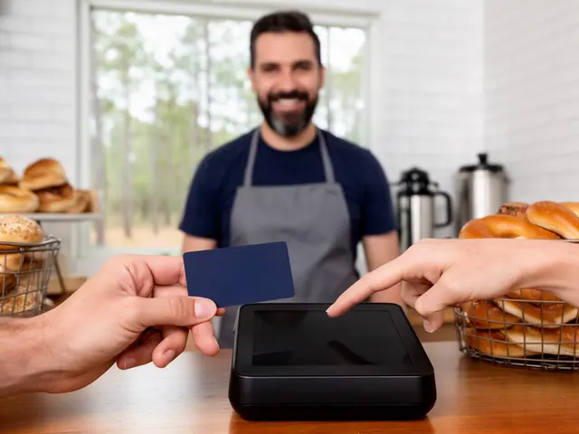 A customer taps a card on a counter terminal at a small bagel and coffee shop.
