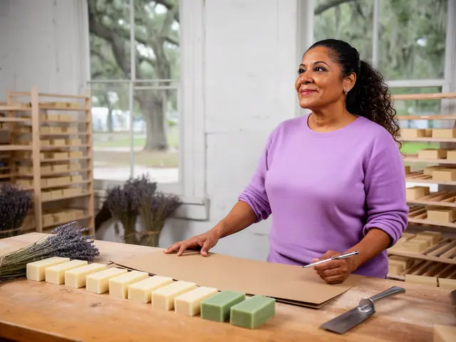 A woman with long dark curly hair tied back at a work table with a closed folder in a small soap-making shop.